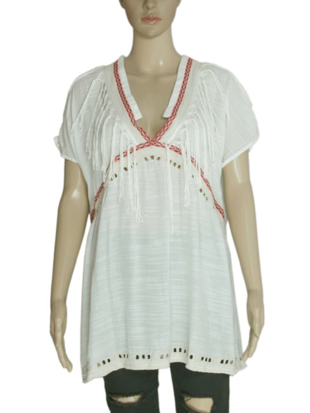 River Island Cutwork Embroidered Fringes Tunic Top White Kimono Oversized XL